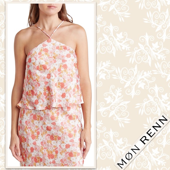 Mon Renn Hillside Floral Halter Top in Hillside Floral (White, Pink, Orange) - Picture 2 of 4